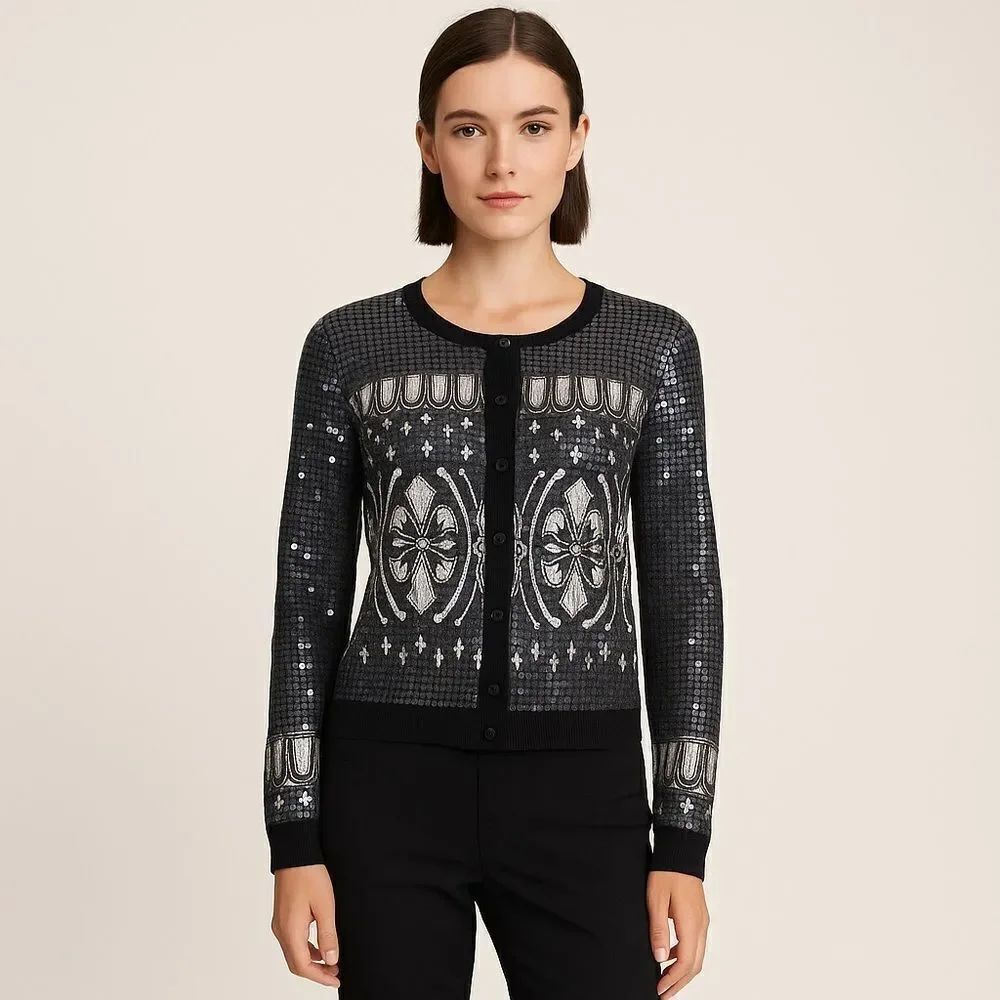Revolve Tory Burch Black and Silver Sequin Cardigan Sweater Size M